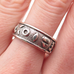 925 Sterling Silver Vintage Symbol All Around Oxidized Band Ring Size 7