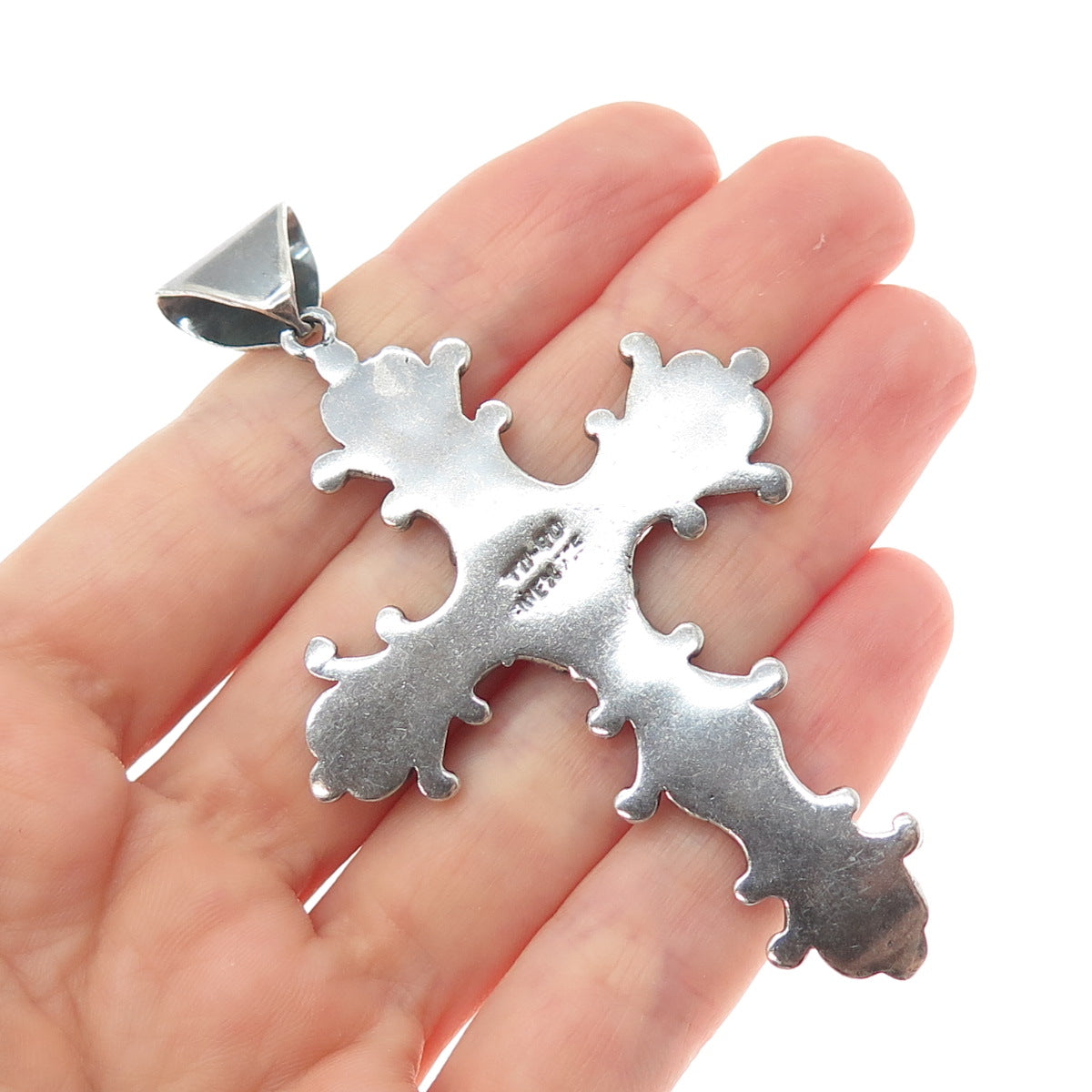 925 Sterling Silver Vintage Mexico Flower Cross Oxidized Charm Pendant