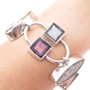 925 Sterling Silver Vintage Dichroic Glass Modernist Heavy 66.3g Bracelet 7-7.5"