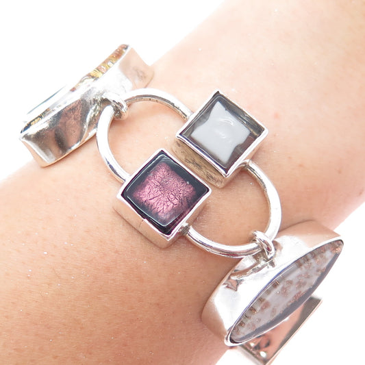 925 Sterling Silver Vintage Dichroic Glass Modernist Heavy 66.3g Bracelet 7-7.5"