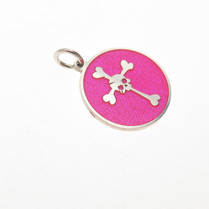 925 Sterling Silver Pink Enamel Skull Cross Bones Mini Charm Pendant
