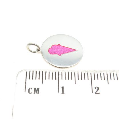 925 Sterling Silver Pink Enamel Ice Cream Round Tag Charm Pendant