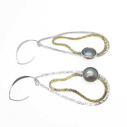 925 Sterling Silver 2-Tone Vintage Real Pearl Modernist Hammered Dangle Earrings