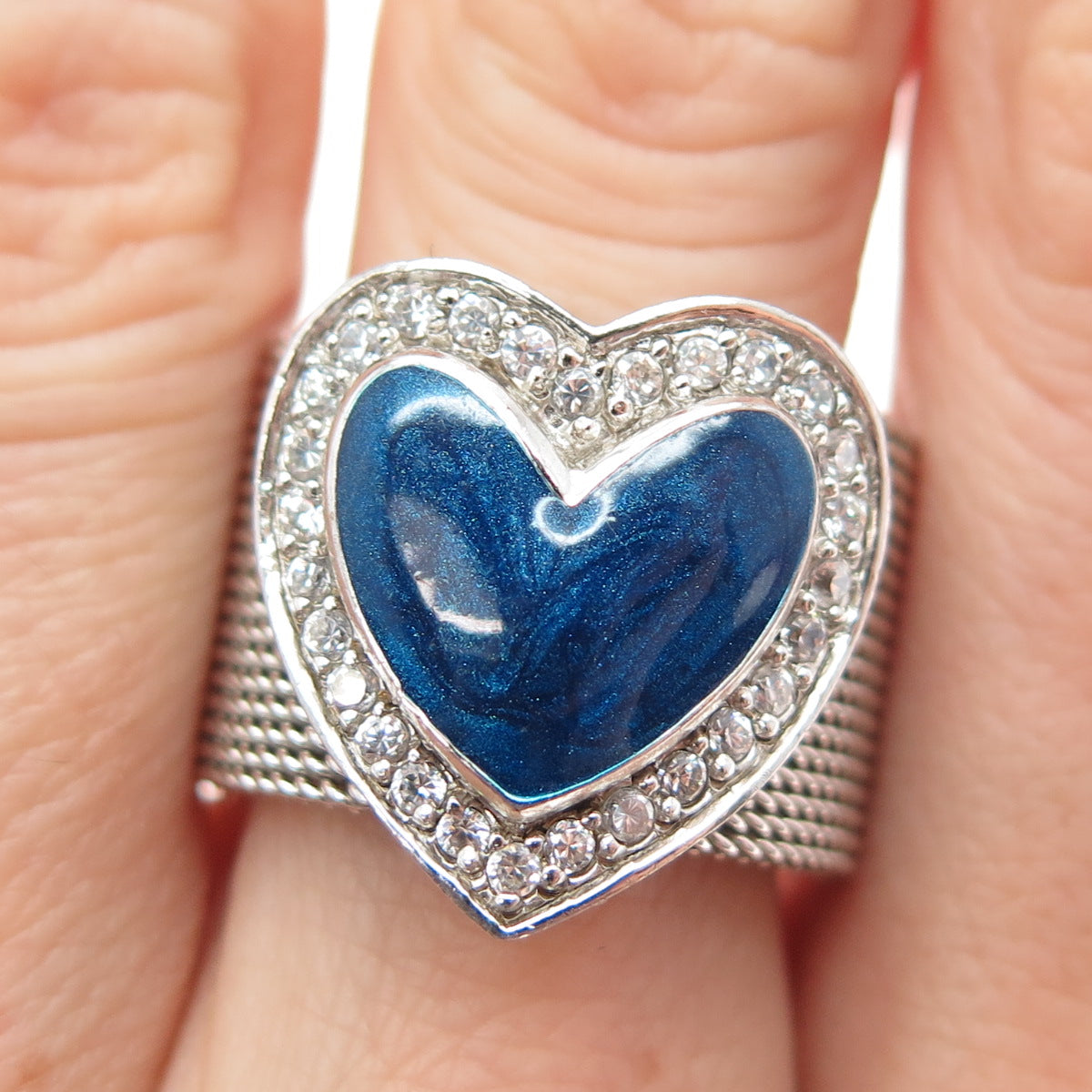925 Sterling Silver Enamel & Round-Cut C Z Heart Mesh Ring Size 8.25