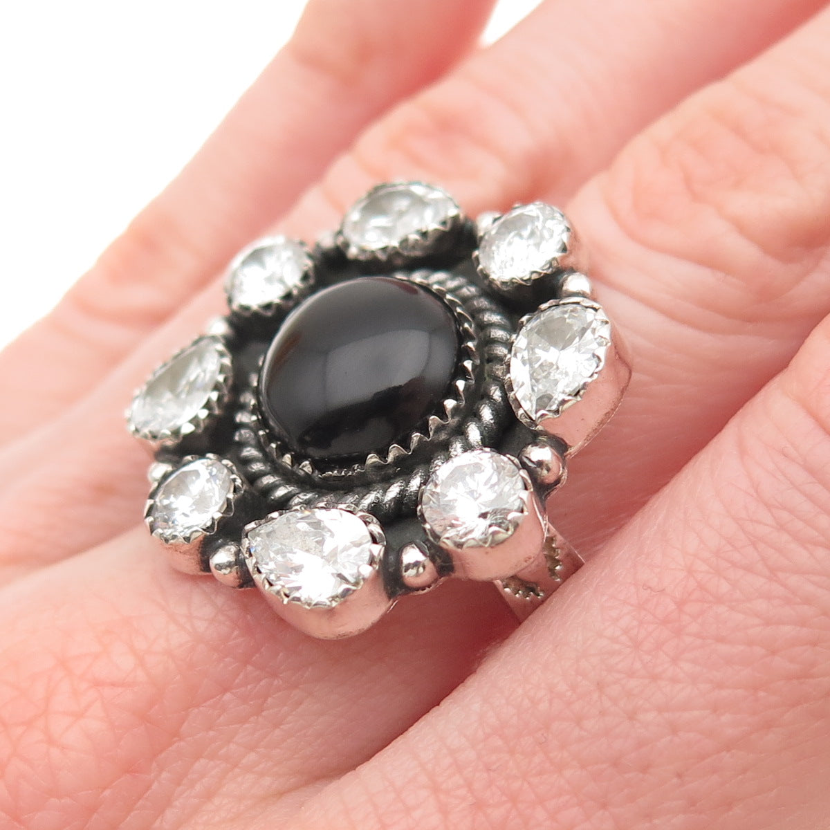 Krush Kandy 925 Sterling Vintage Real Black Onyx & C Z Adjustable Ring Size 8.5