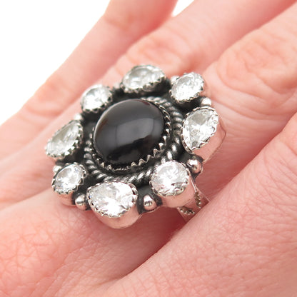 Krush Kandy 925 Sterling Vintage Real Black Onyx & C Z Adjustable Ring Size 8.5