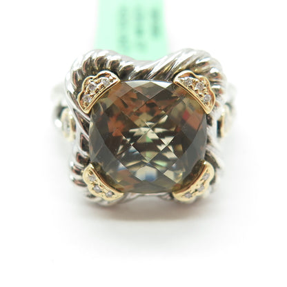 DANWAK 18K Gold Sterling 14 Diamond 0.13ct & Lemon Quartz 5.84ct Ring Size 7