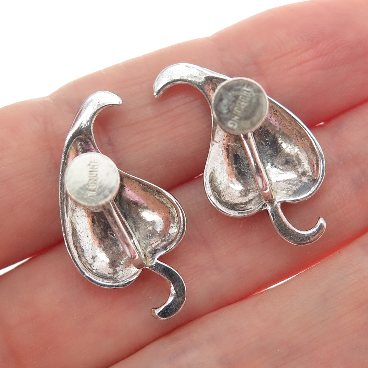 925 Sterling Silver Vintage Modernist Floral Leaf Oxidized Screw Back Earrings