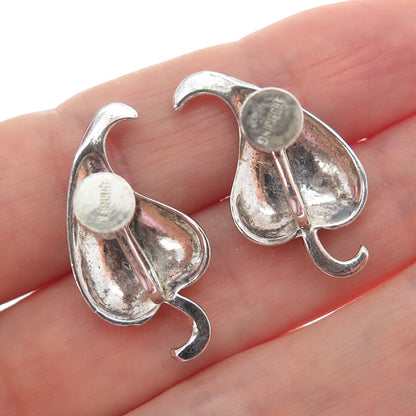 925 Sterling Silver Vintage Modernist Floral Leaf Oxidized Screw Back Earrings