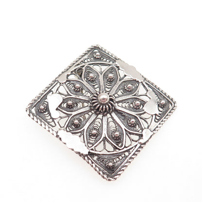 925 Sterling Silver Vintage Cannetille Filigree Oxidized Pin Brooch
