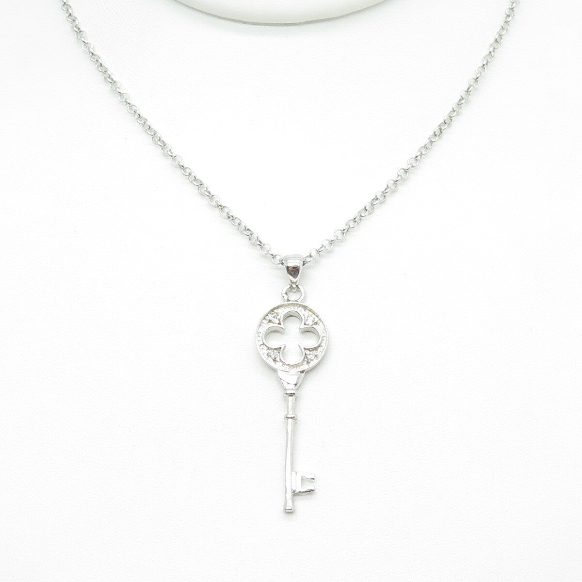 925 Sterling Silver Round-Cut C Z Floral Key Cable Chain Necklace 16"