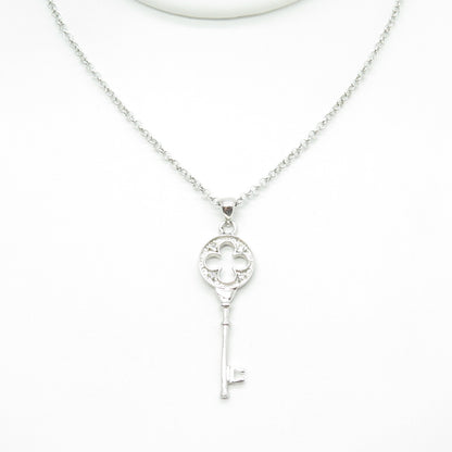 925 Sterling Silver Round-Cut C Z Floral Key Cable Chain Necklace 16"