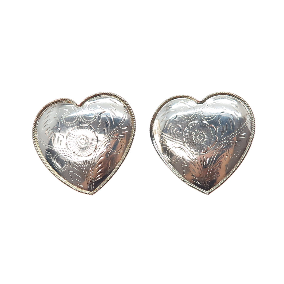 925 Sterling Silver 2-Tone Vintage Engraved Flower Heart Earrings