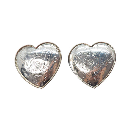 925 Sterling Silver 2-Tone Vintage Engraved Flower Heart Earrings