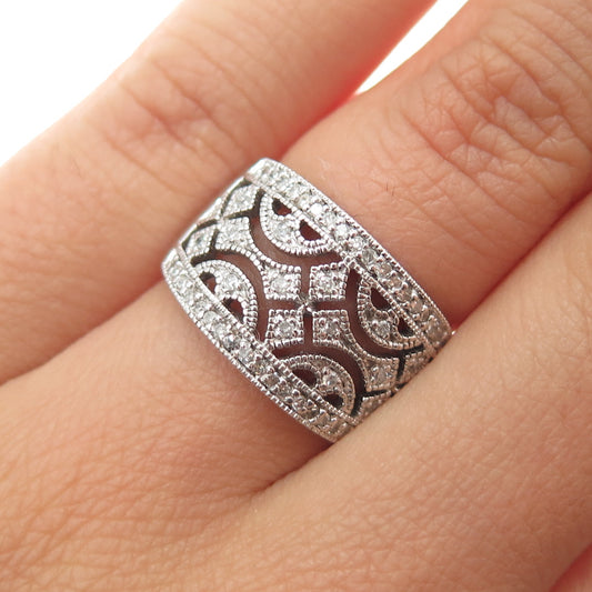 925 Sterling Silver Real Round-Cut Diamond Ornate Ring Size 5.25