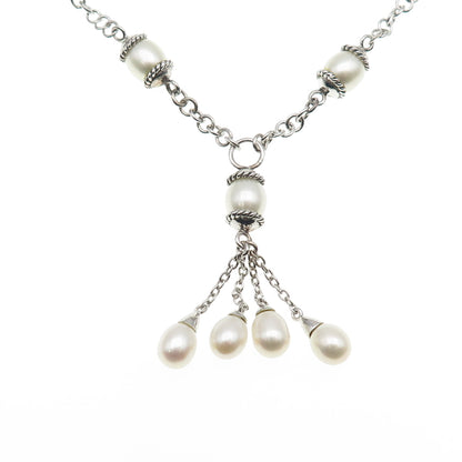 925 Sterling Silver Vintage Real Pearl By The Yard Tassel Chain Necklace 16"