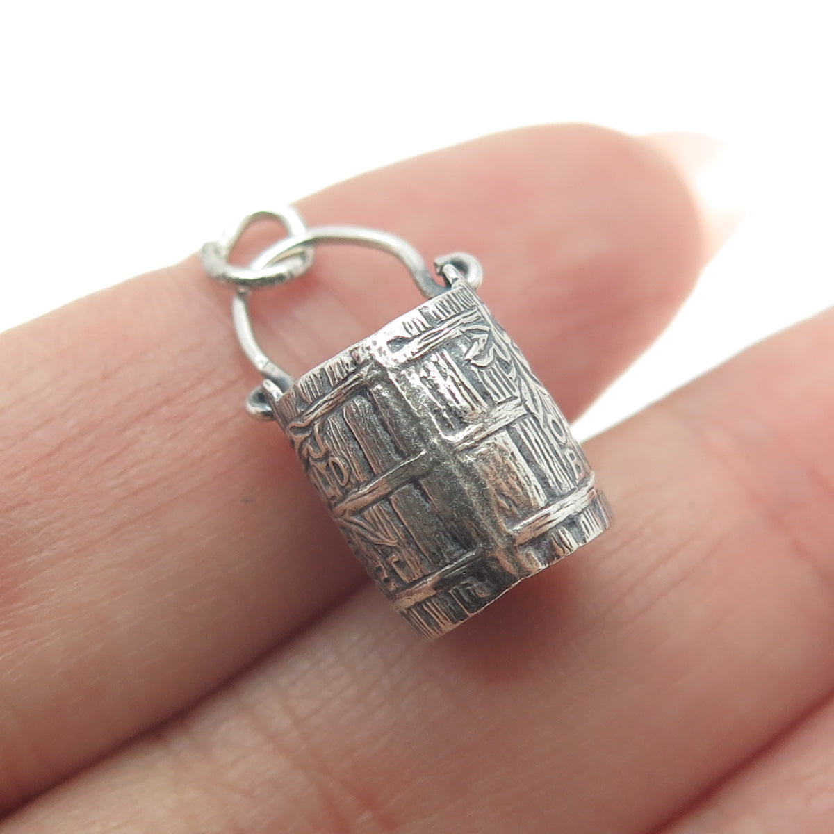 J.M. FISHER 925 Sterling Silver Antique Art Deco Old Oaken Bucket Mini Pendant