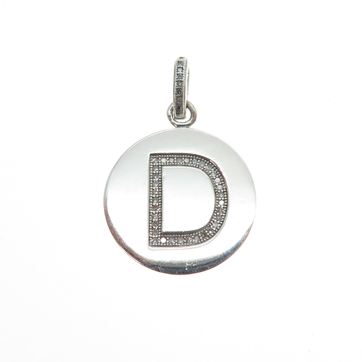 925 Sterling Silver Real Round-Cut Diamond Letter D Initial Tag Charm Pendant