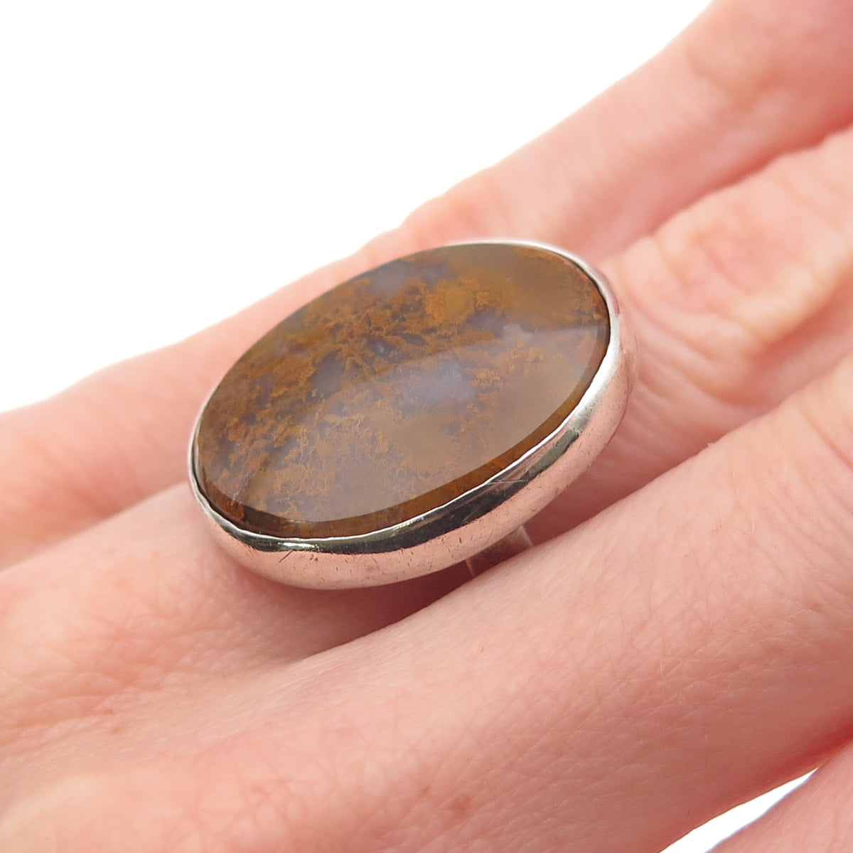 Calvert 925 Sterling Silver Vintage Real Agate Modernist Oxidized Ring Size 4.75