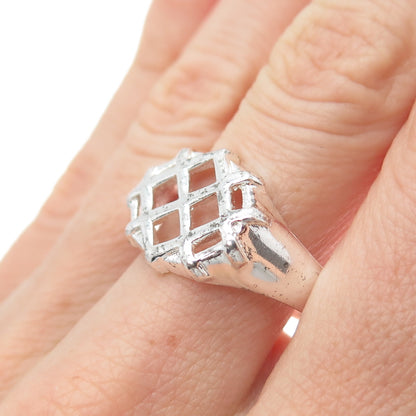925 Sterling Silver Vintage Modernist Cage Pattern Ring Size 10
