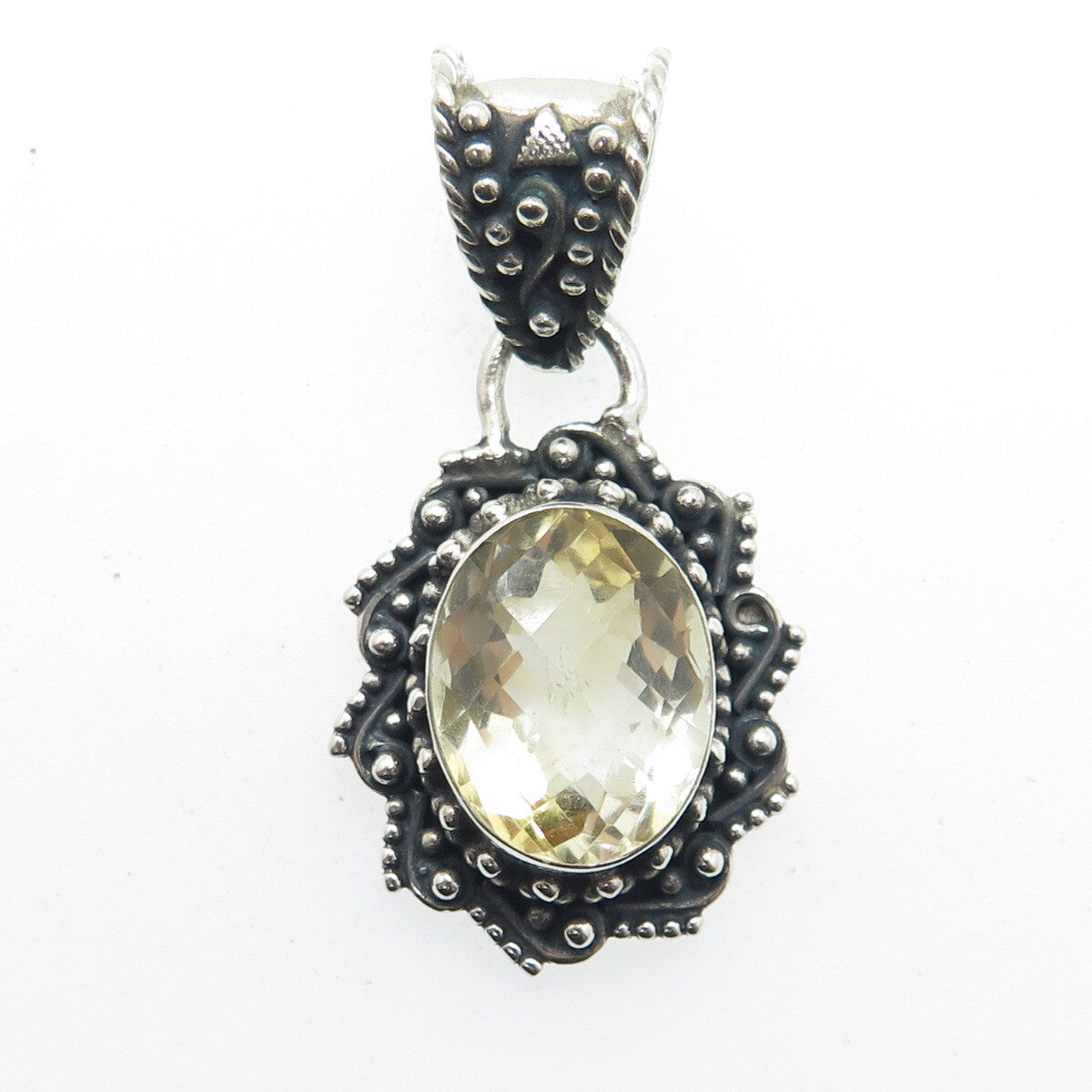 925 Sterling Silver Vintage Real Oval-Cut Citrine Floral Oxidized Pendant
