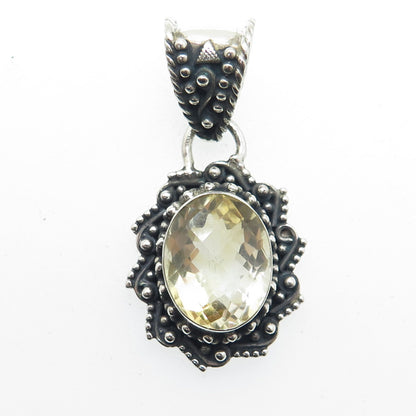 925 Sterling Silver Vintage Real Oval-Cut Citrine Floral Oxidized Pendant