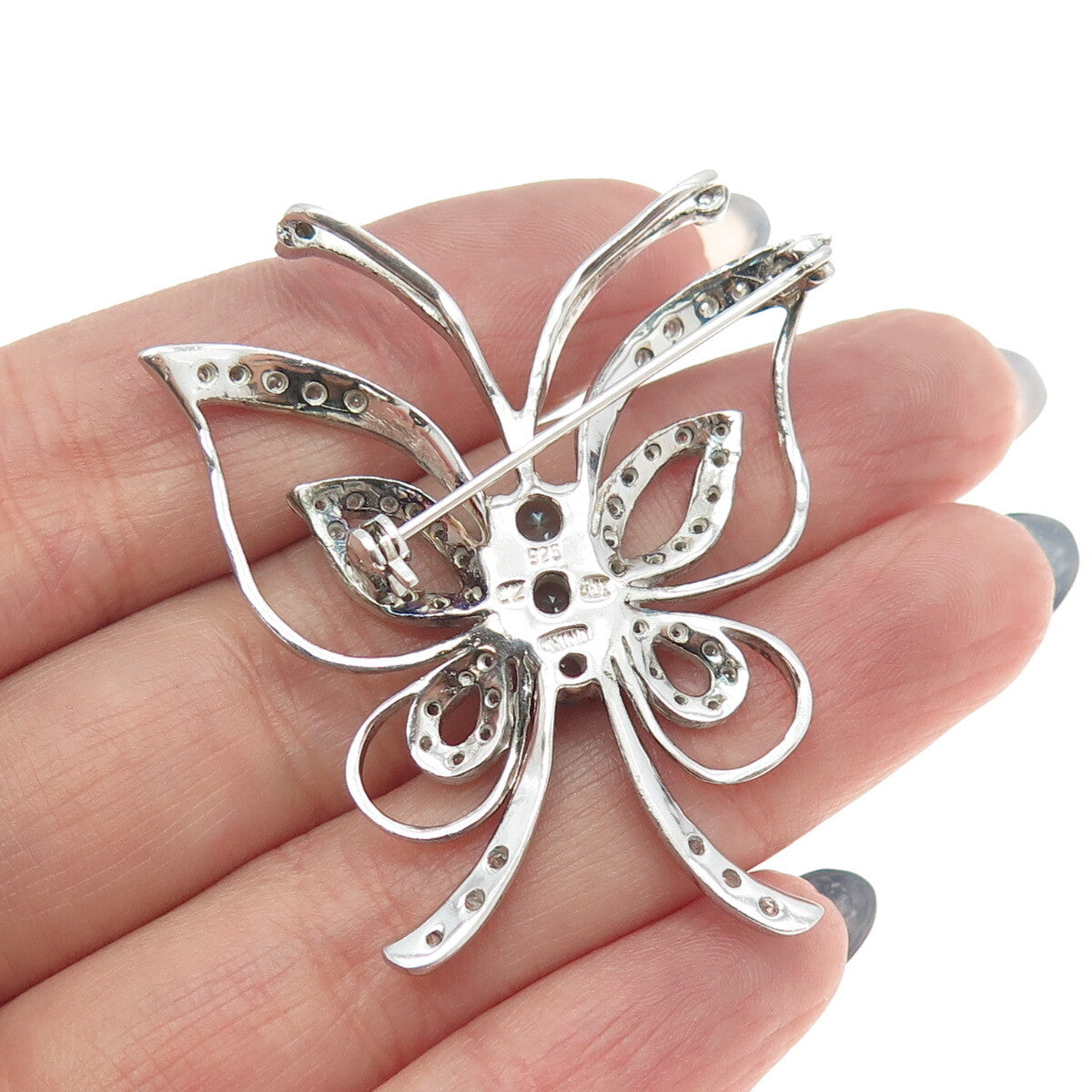 925 Sterling Silver Round-Cut Blue & White C Z Butterfly Pin Brooch