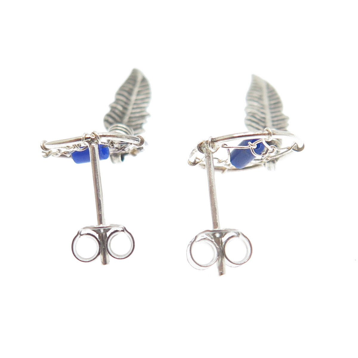Old Pawn 925 Sterling Silver Vintage Lapis Dreamcatcher Feather Dangle Earrings