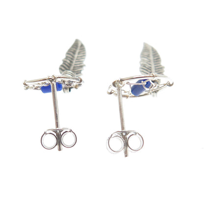 Old Pawn 925 Sterling Silver Vintage Lapis Dreamcatcher Feather Dangle Earrings