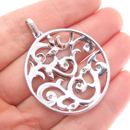 925 Sterling Silver Real Round-Cut Diamond Floral Scroll Charm Pendant