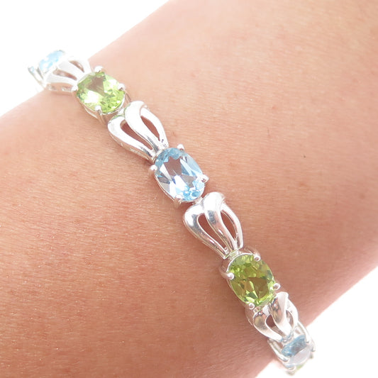 925 Sterling Silver Vintage Real Oval-Cut Blue Topaz & Peridot Bracelet 7.25"