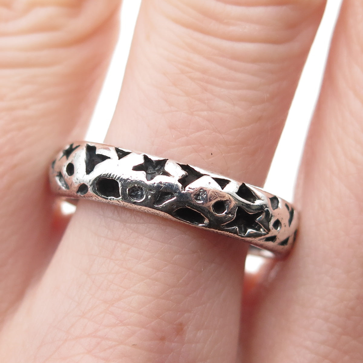 925 Sterling Silver Vintage Modernist Celestial Oxidized Band Ring Size 9.75