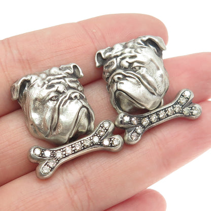 925 Sterling Silver Vintage Real Round-Cut White Diamond Bulldog Cufflinks