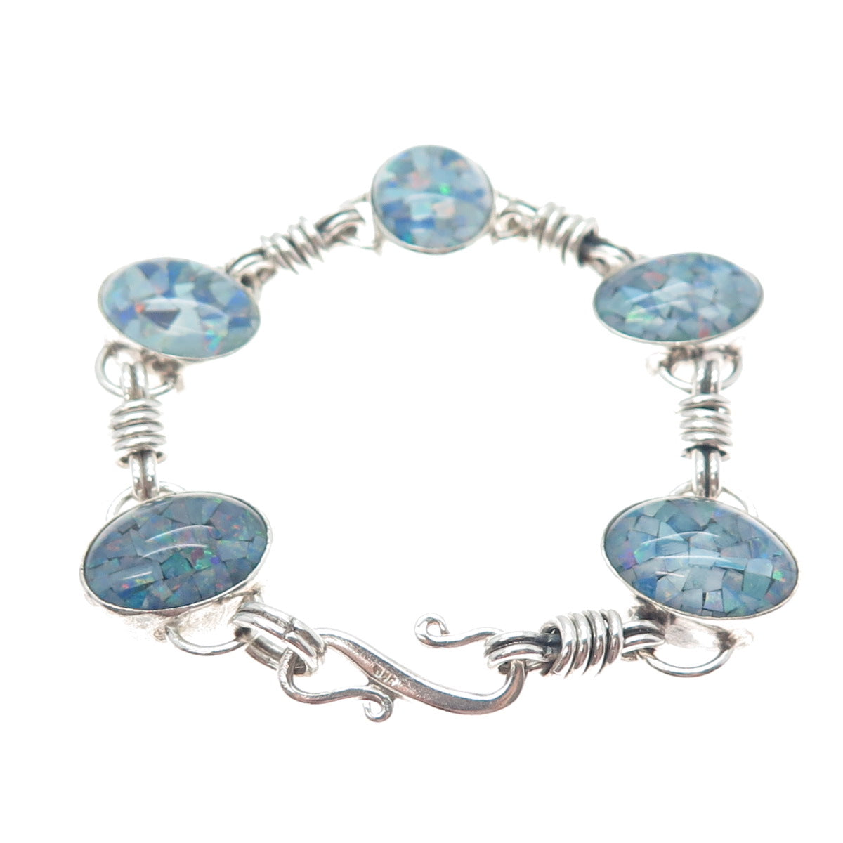 925 Sterling Silver Vintage Real Opal Inlay Station Link Bracelet 7"