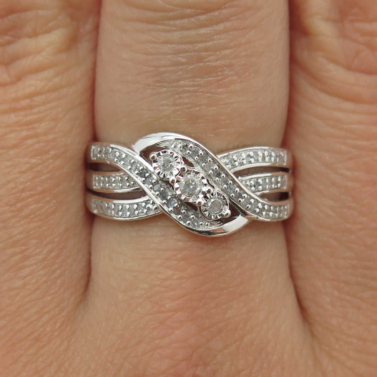 925 Sterling Silver Real Round-Cut Diamond Bypass Ring Size 8.25