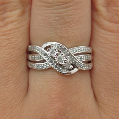 925 Sterling Silver Real Round-Cut Diamond Bypass Ring Size 8.25