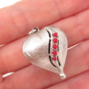 925 Sterling Silver Vintage Red & Blue Rhinestone Heart Puffy Oxidized Pendant