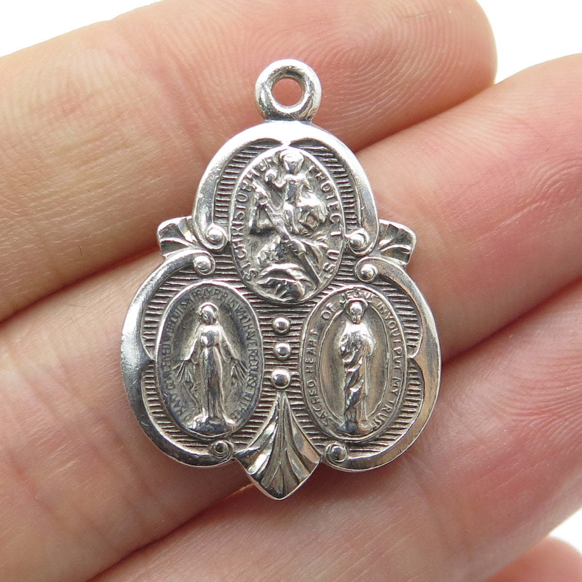 925 Sterling Silver Antique Jesus Saint Mary & Christopher Religious Pendant