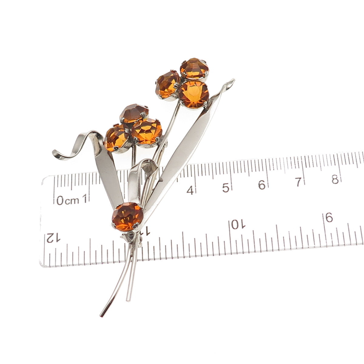 925 Sterling Silver Vintage Rhinestone Modernist Floral Pin Brooch