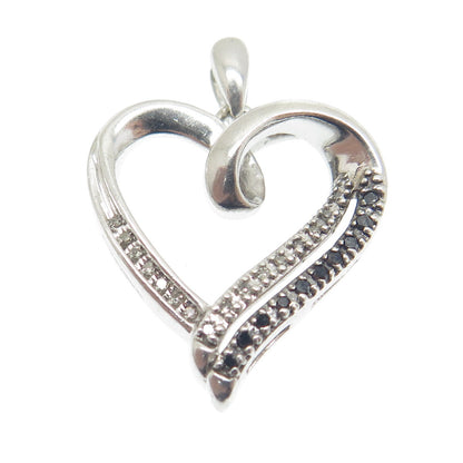 925 Sterling Silver Real Round-Cut Black & White Diamond Heart Charm Pendant