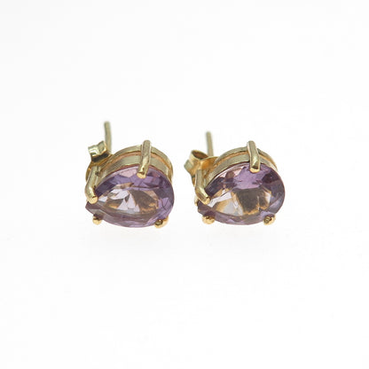 925 Sterling Silver Gold Plated Real Pear-Cut Amethyst Stud Earrings