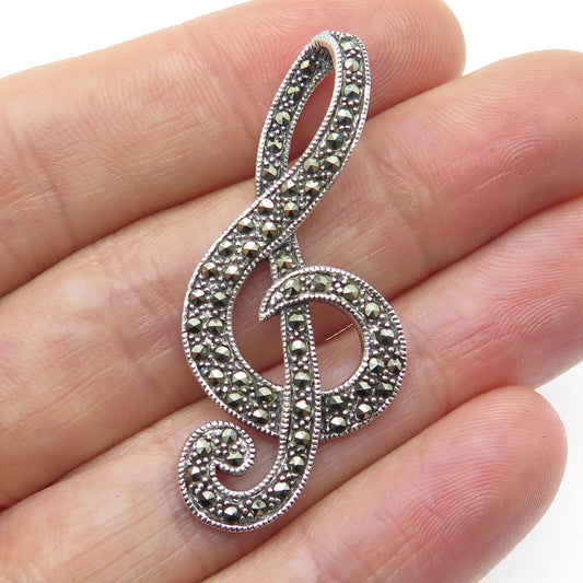 925 Sterling Silver Vintage Real Marcasite Treble Clef Oxidized Pendant