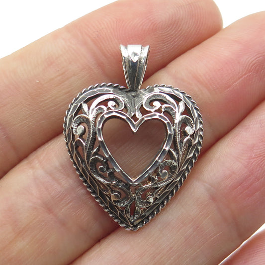 925 Sterling Silver Vintage Ornate Heart Oxidized Pendant