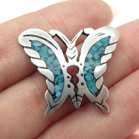 Old Pawn 925 Sterling Silver Vintage Turquoise & Coral Inlay Butterfly Pendant