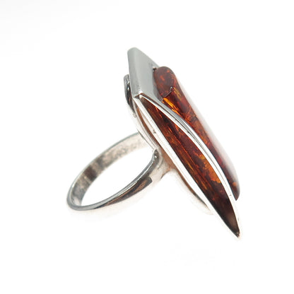 925 Sterling Silver Vintage Real Amber Modernist Ring Size 8.25
