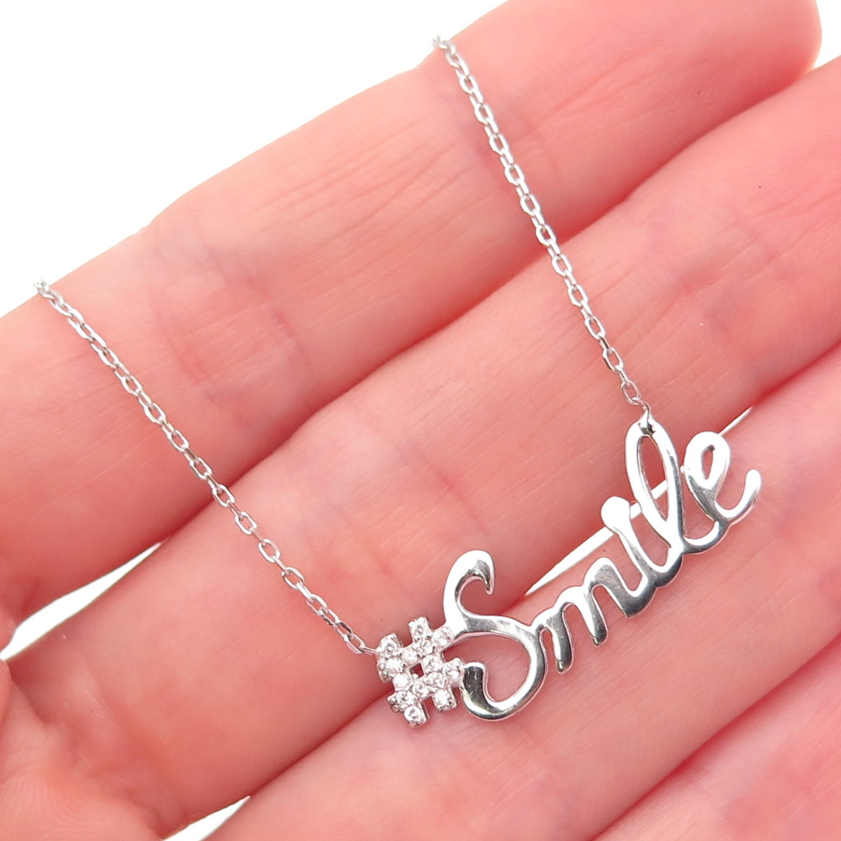925 Sterling Silver Round-Cut C Z #Smile Cable Chain Necklace 16-18"