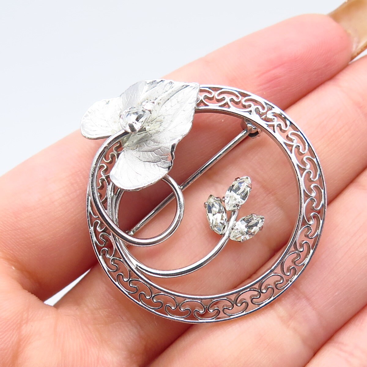 925 Sterling Silver Vintage Carl Art Rhinestone Leaf Pin Brooch
