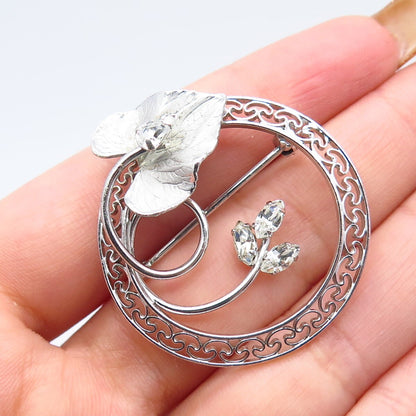 925 Sterling Silver Vintage Carl Art Rhinestone Leaf Pin Brooch