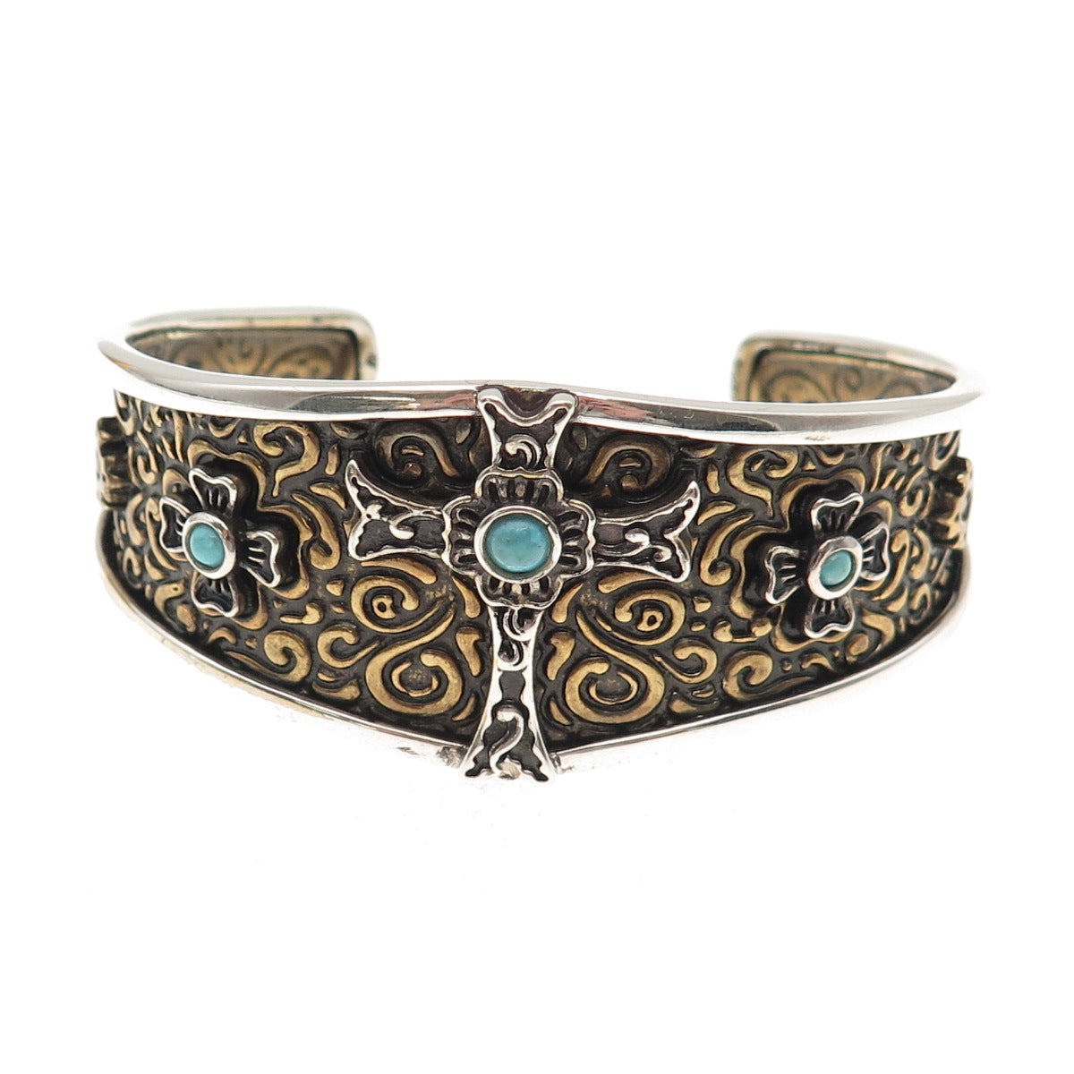 Carolyn Pollack Sterling & Brass Vintage Turquoise Cross Adjustable Bracelet 6"
