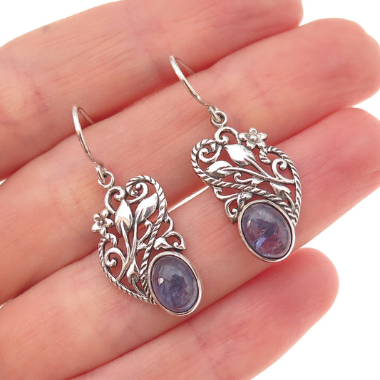 925 Sterling Silver Vintage Real Tanzanite Floral Oxidized Dangle Earrings